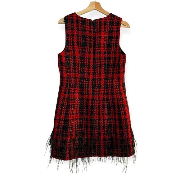 ANTONIO MELANI Irine Tweed Feather Sleeveless Sheath Dress Red Black NEW Holiday - Picture 4 of 7